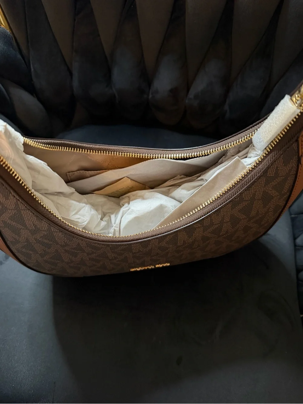 Michael Kors Brown MK Signature Crescent Shoulder Bag